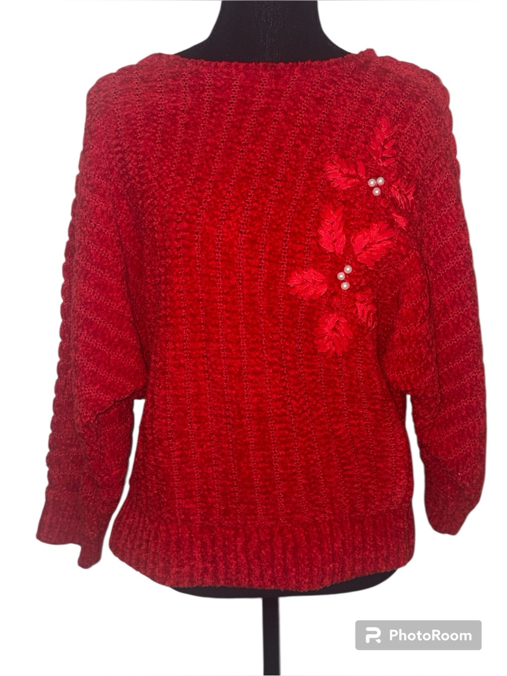 Vintage Donagain Womens Red Floral Long Sleeve Sweater SZ Med 1980s